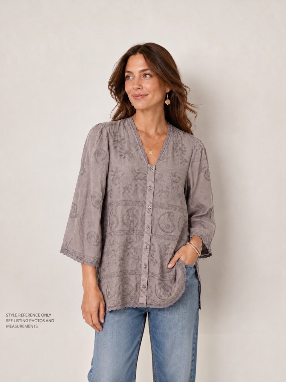 Forever That Girl Embroidered Cotton Boho Blouse Gray Taupe Size 2